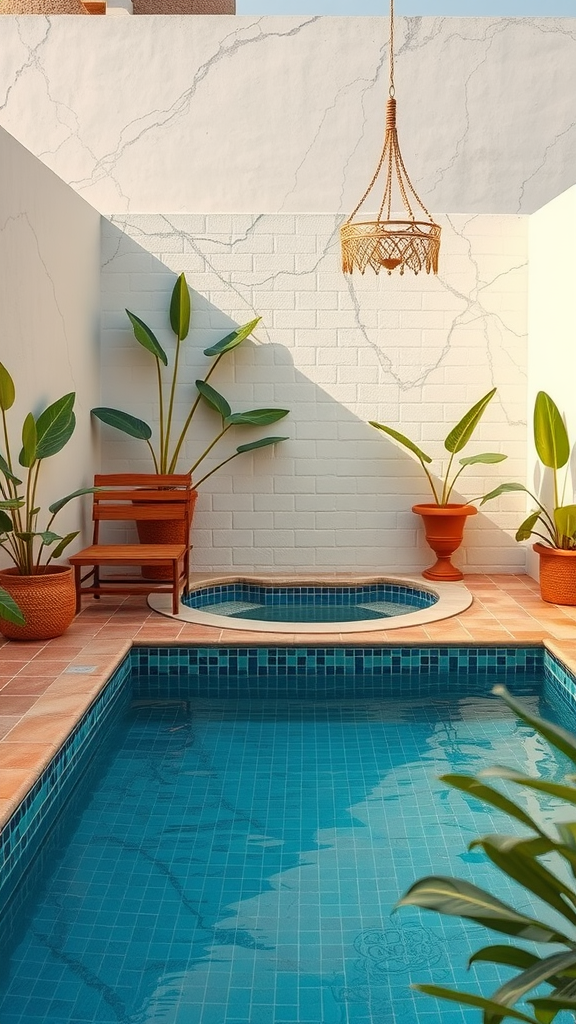 A vintage-inspired small pool with a jacuzzi area, featuring plants and a cozy ambiance.