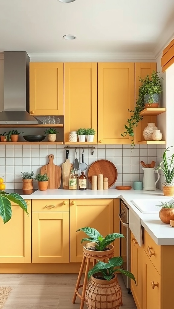A cozy kitchen with butter yellow cabinets, natural wood accents, and greenery.