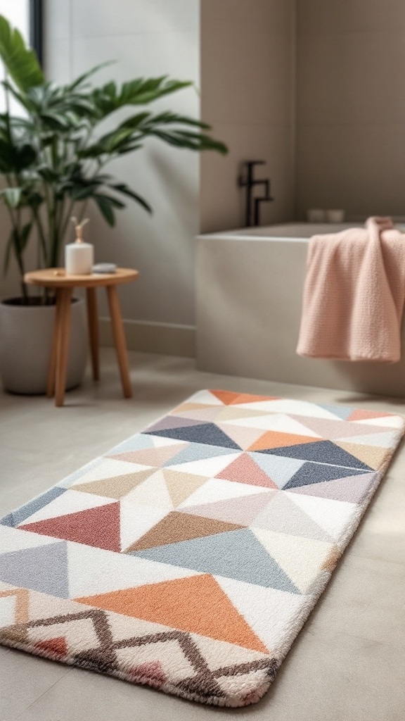 A colorful geometric patterned bath mat in a modern bathroom setting.