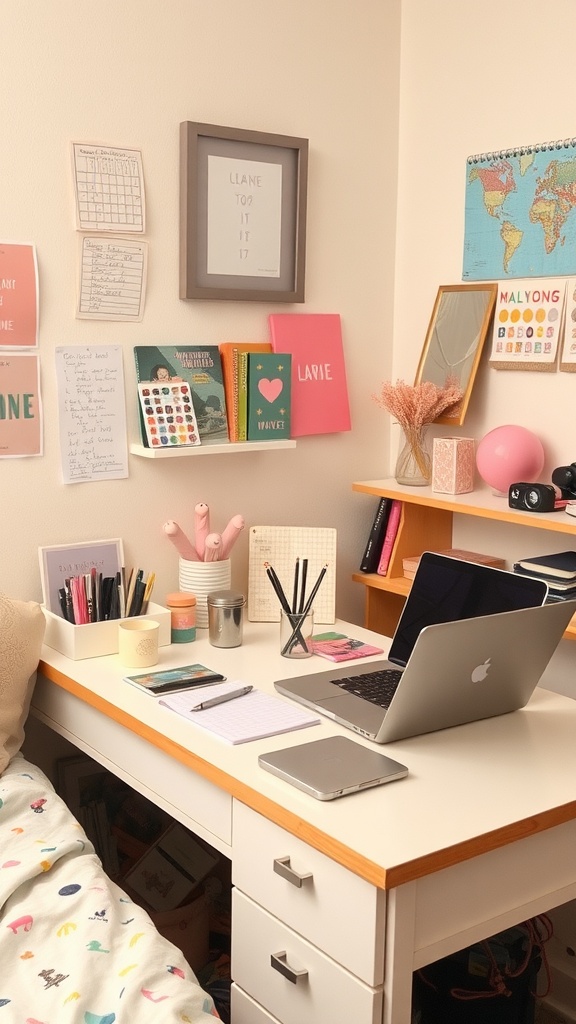 A cozy desk setup in a dorm room with notebooks, pens, and decorative items.
