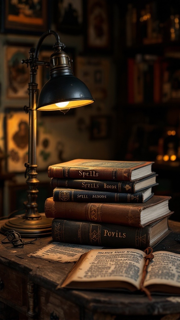 A stack of antique spell books on a wooden table, accompanied by a vintage lamp.