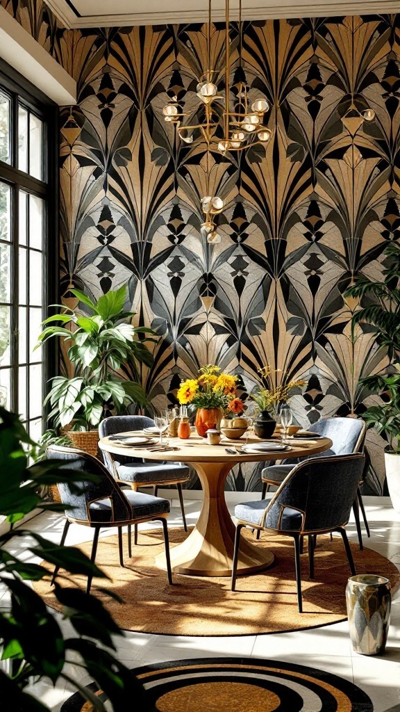 Sunroom dining area featuring Art Deco style with bold patterns, stylish furniture, and elegant decor.