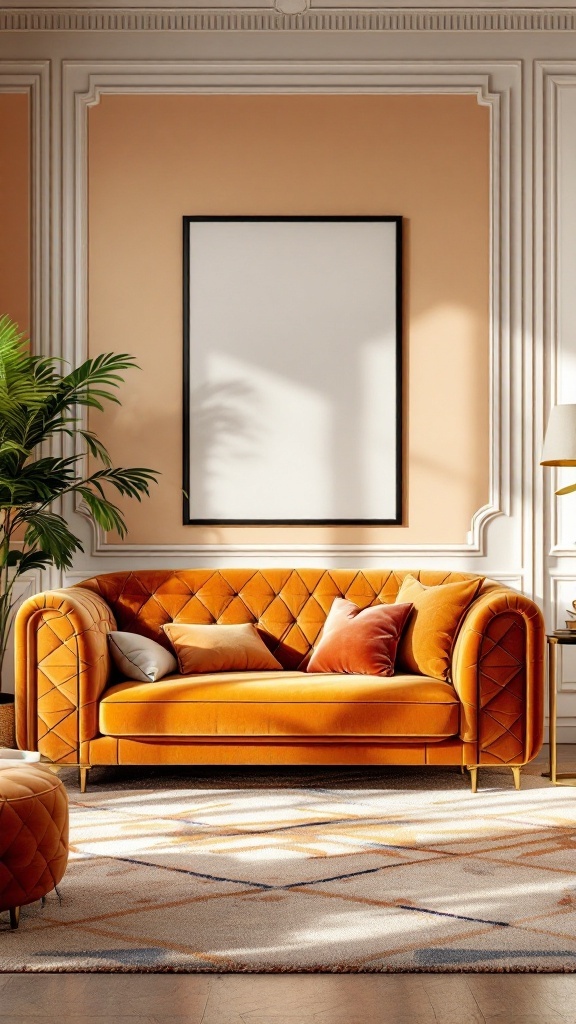 Orange velvet sofa in an Art Deco inspired living room