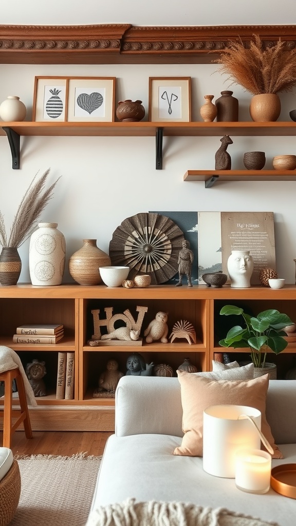 A cozy living room shelf display with artisan decorative pieces in brown and earth tones.