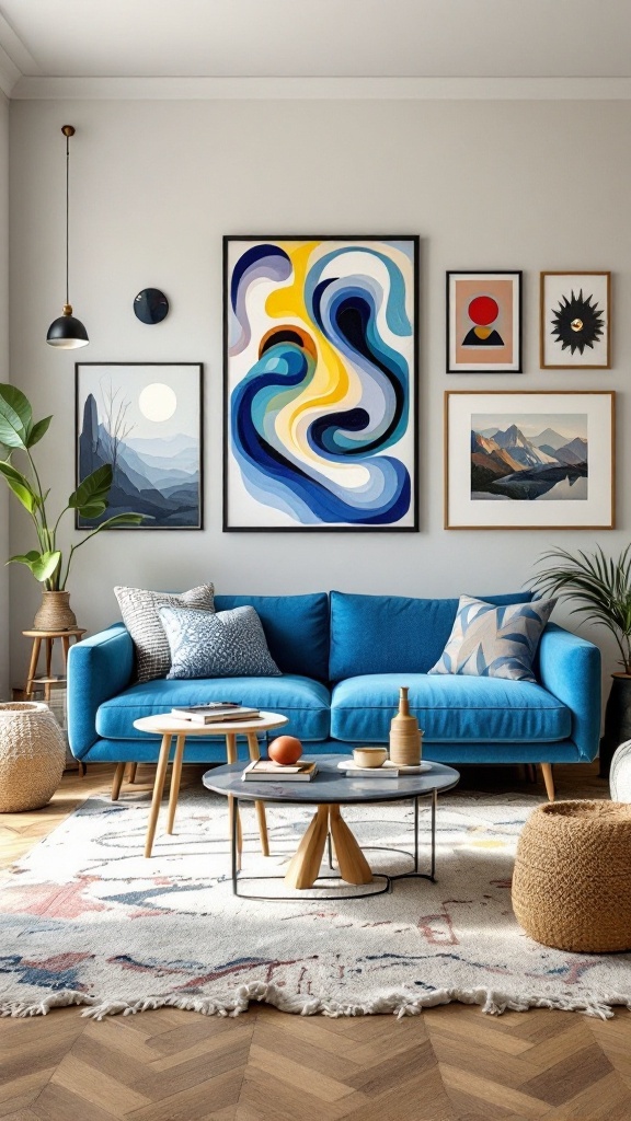 Living room with a blue sofa and unique artwork on the walls.