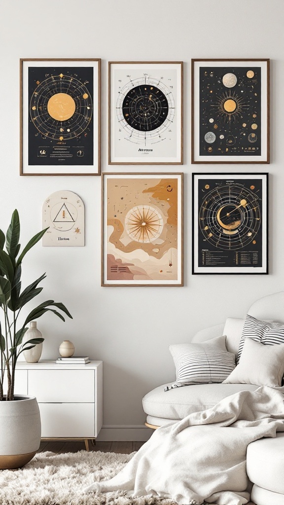 A stylish living room featuring astrology-themed prints on the wall.