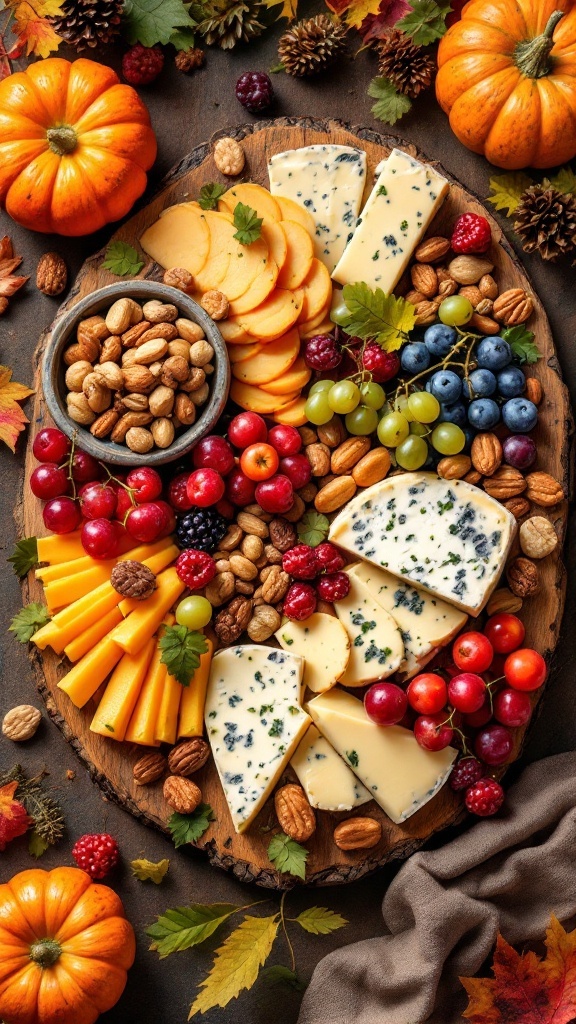 A beautifully arranged Autumn Harvest Charcuterie Board featuring cheeses, fruits, nuts, and decorative pumpkins.