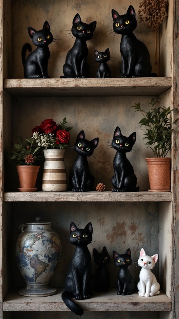A collection of black cat figurines displayed on a shelf.