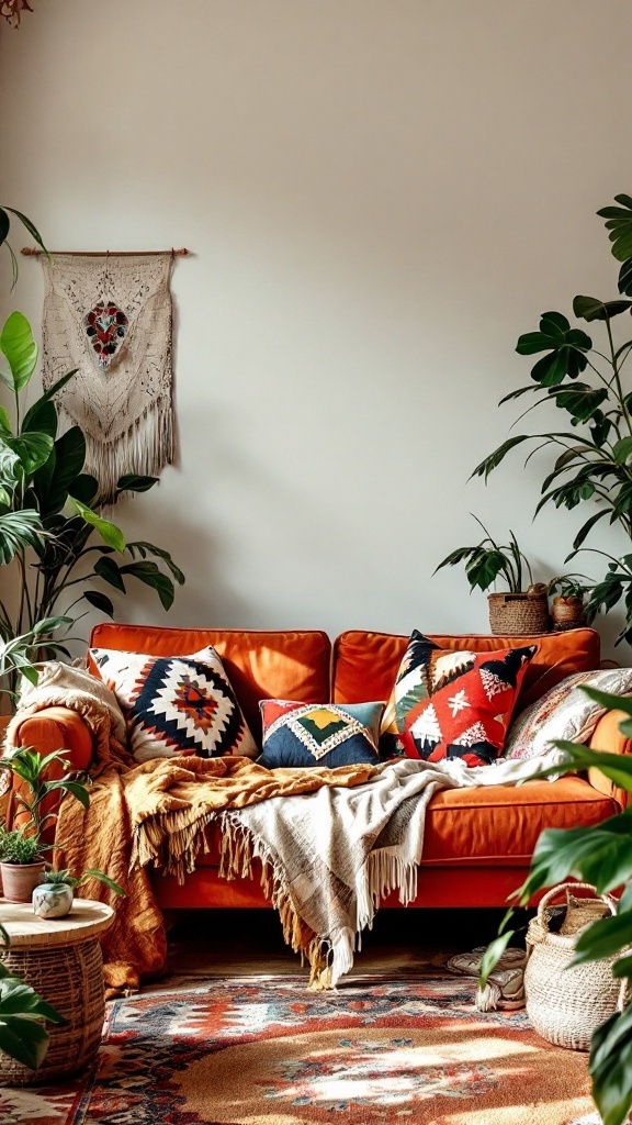 A vibrant orange velvet sofa with colorful patterned pillows and cozy throws in a bohemian living room setting.