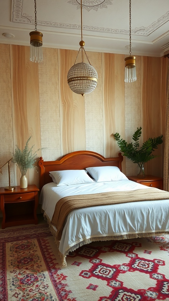 A cozy boho-style bedroom with textured wood walls, soft bedding, and warm lighting.