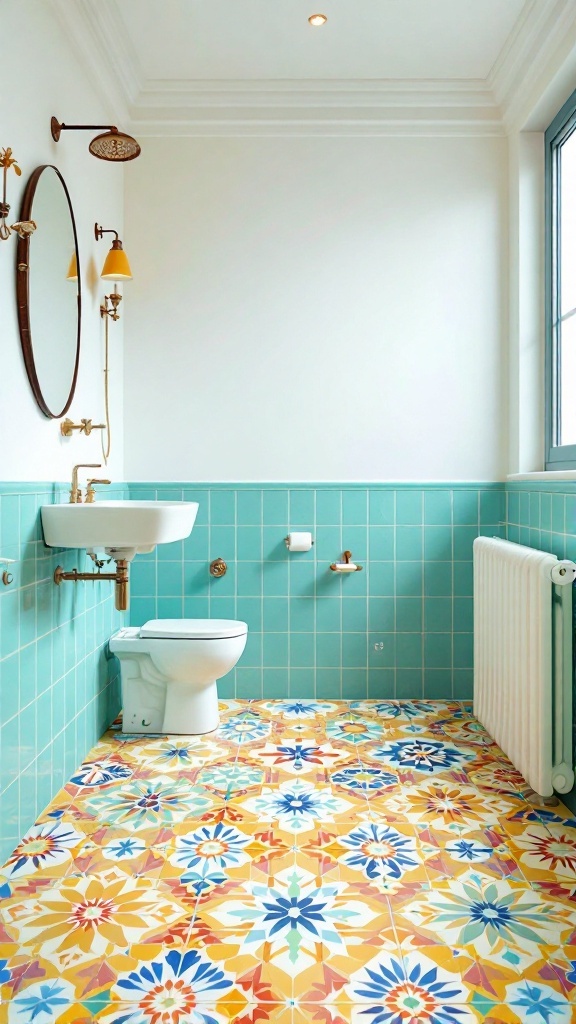 A bathroom with colorful floor tiles and aqua wall tiles.