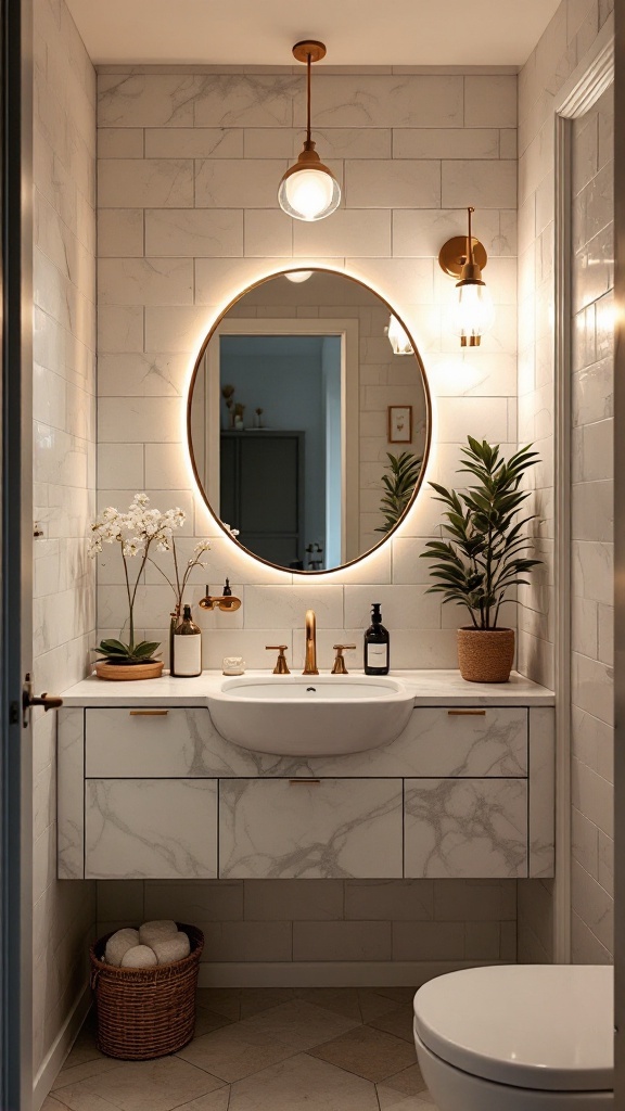 Bright lighting fixtures in a modern bathroom with a round mirror