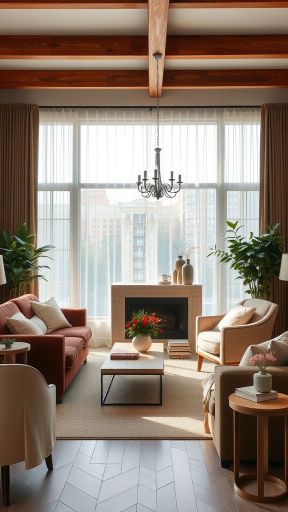Cozy living room with brown sofas and cream walls, featuring natural light and elegant decor.