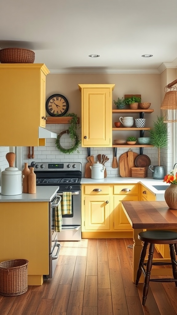 A bright kitchen featuring butter yellow cabinets, wooden accents, and open shelving with plants and dishes.