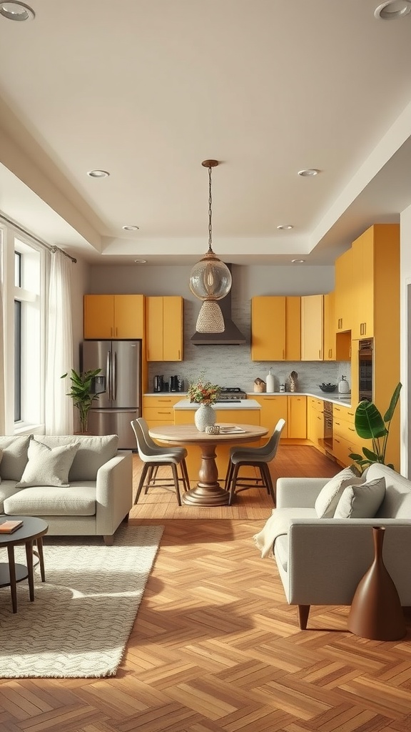 Open-concept kitchen with butter yellow cabinets and a cozy living area.