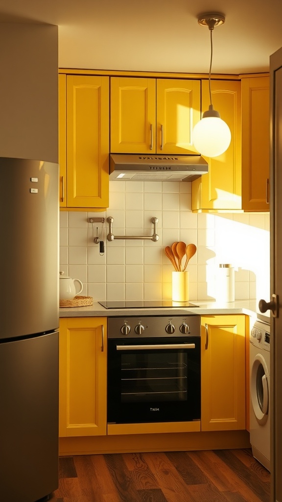 A small kitchen featuring butter yellow cabinets, a black oven, and a bright ambiance.