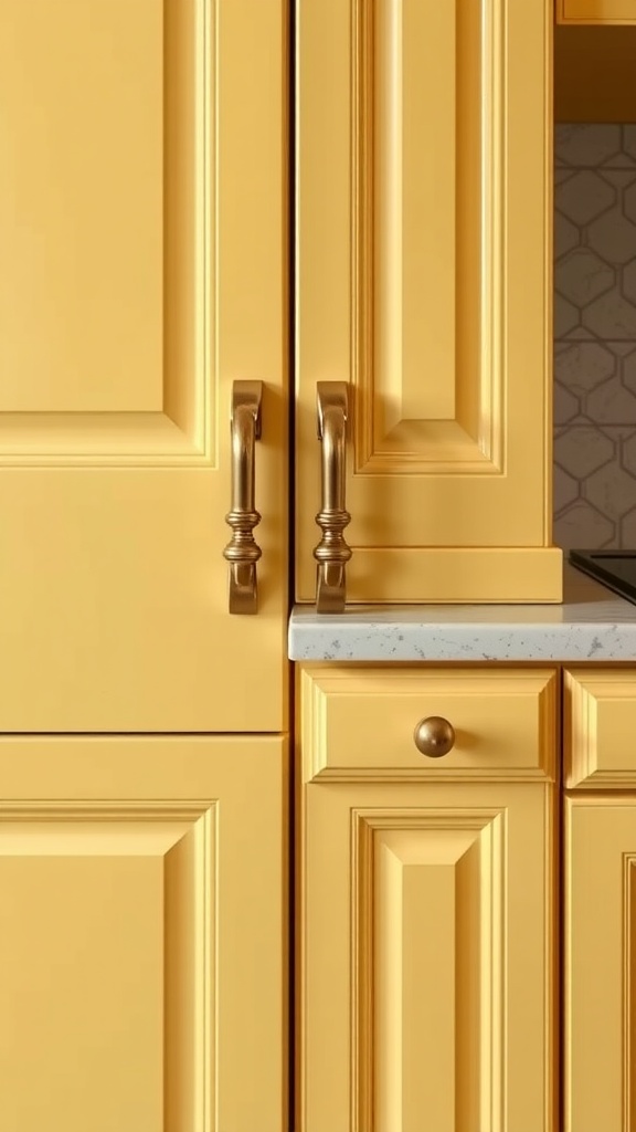 Close-up of butter yellow kitchen cabinets with elegant hardware.