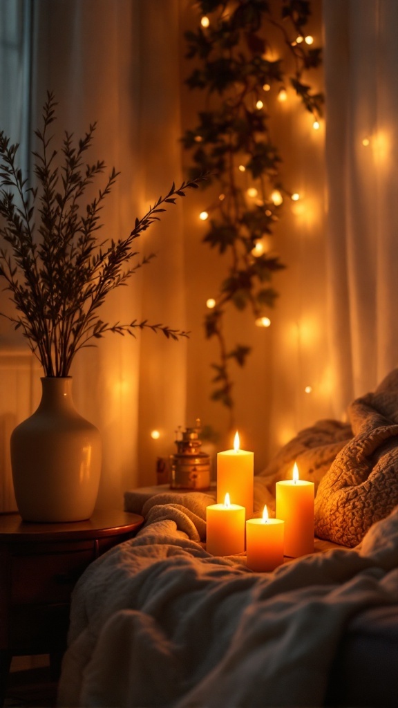 A cozy living room corner with candles and soft lighting.