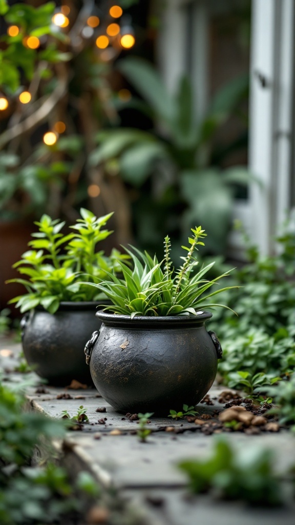 Two cauldron-shaped planters with green plants in a cozy setting.