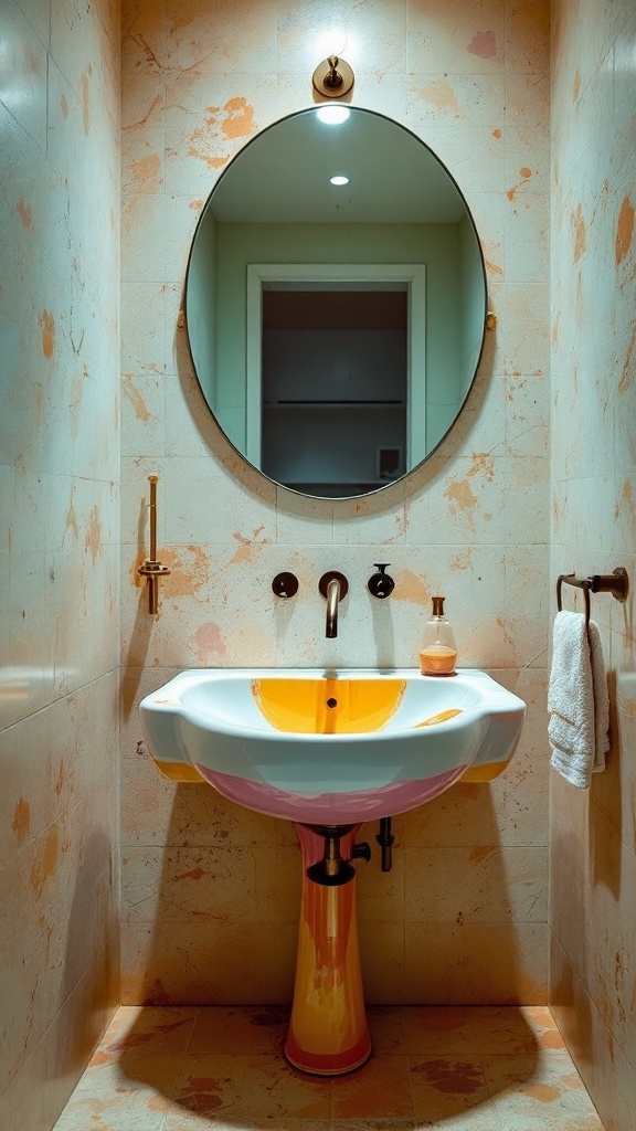 Colorful and playful sink design in a bathroom with a round mirror.
