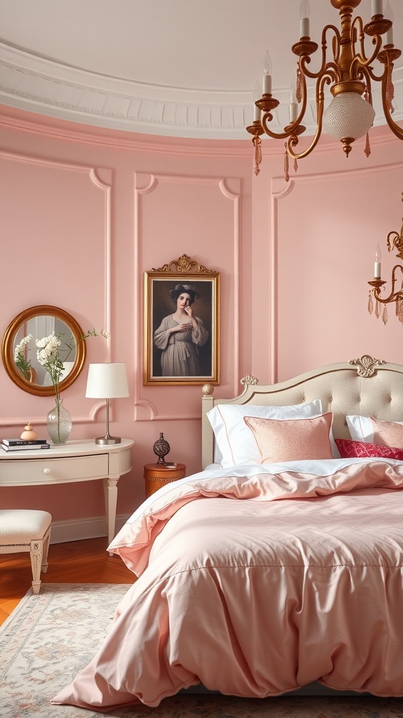 A beautifully decorated bedroom with blush pink walls, elegant furniture, and chic decor.