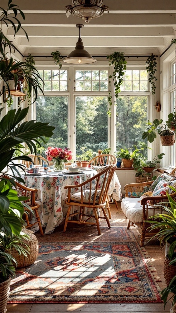 Sunroom dining area with floral tablecloth, rattan chairs, and abundant greenery.
