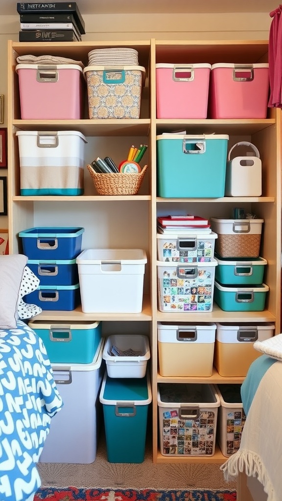 A shelf filled with colorful storage bins and baskets in a cozy dorm room.