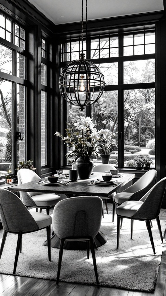 A sunroom dining area featuring a classic black and white theme with elegant decor.
