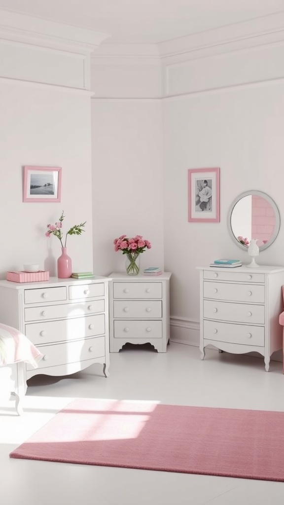 A bright bedroom featuring classic white furniture and pink decor details.
