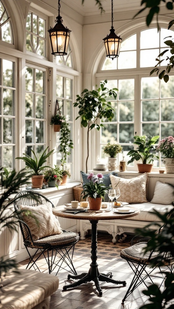 A cozy sunroom dining area with bistro chairs, a round table, and plants.