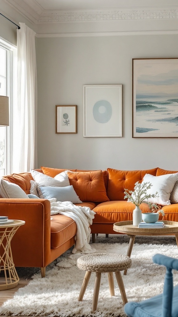 Cozy living room with orange velvet sofa, light walls, and beach-themed decor.