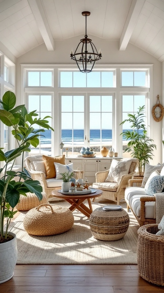Cozy sunroom dining area with ocean view and natural decor