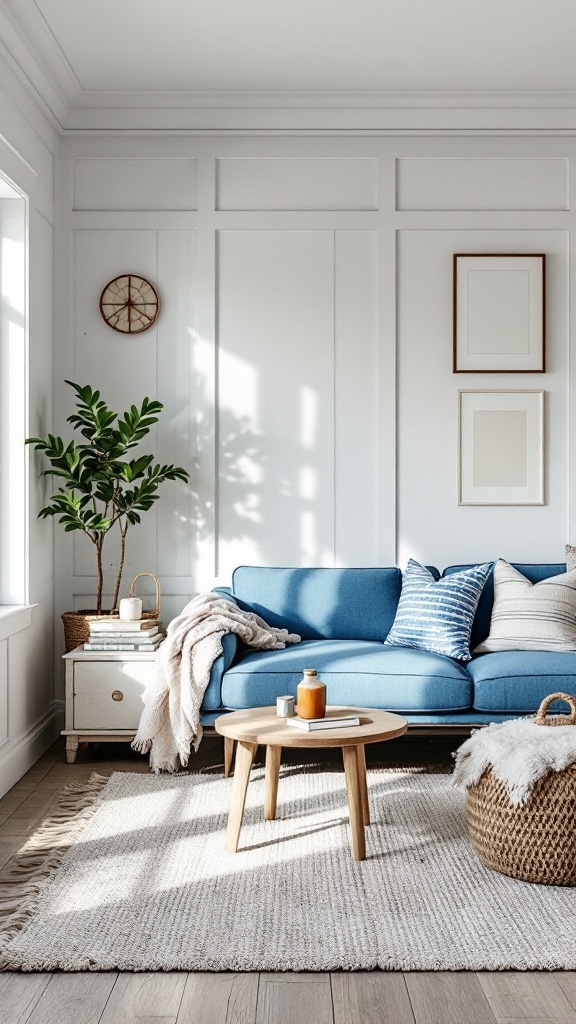 Living room featuring a blue sofa, light wood furniture, and cozy decor