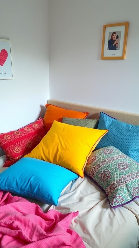 Colorful accent pillows in a dorm room setting