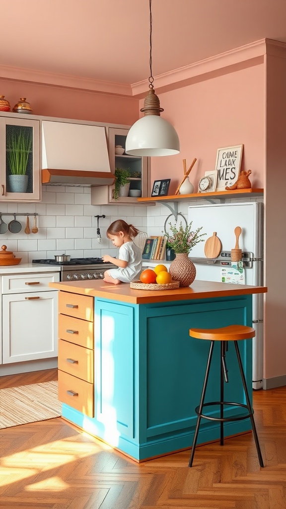 A bright teal kitchen island with wooden accents, surrounded by a cozy kitchen setting.