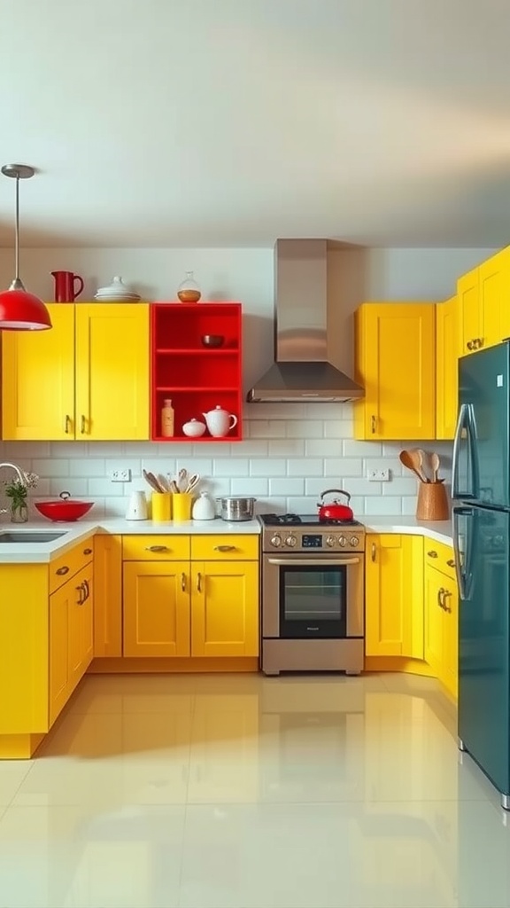 A kitchen featuring butter yellow cabinets, red shelving, and a dark blue refrigerator.