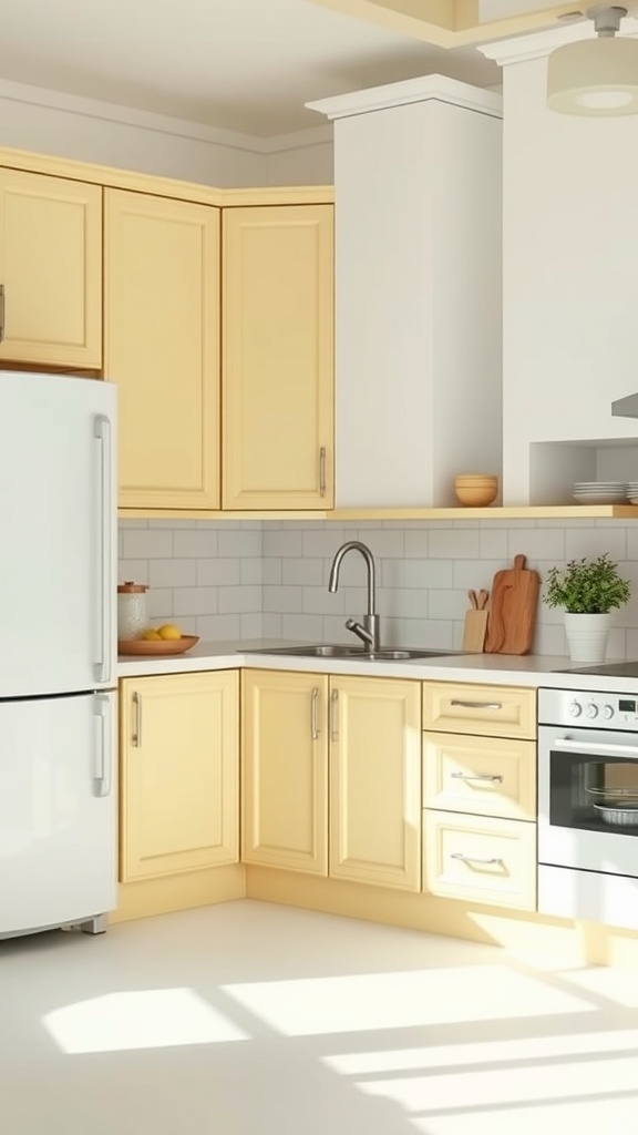 A bright kitchen featuring butter yellow cabinets, a white refrigerator, and a light countertop with a minimalist design.