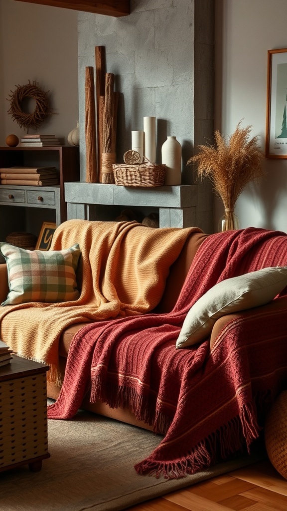A cozy living room with warm throws on a couch, featuring earthy tones.