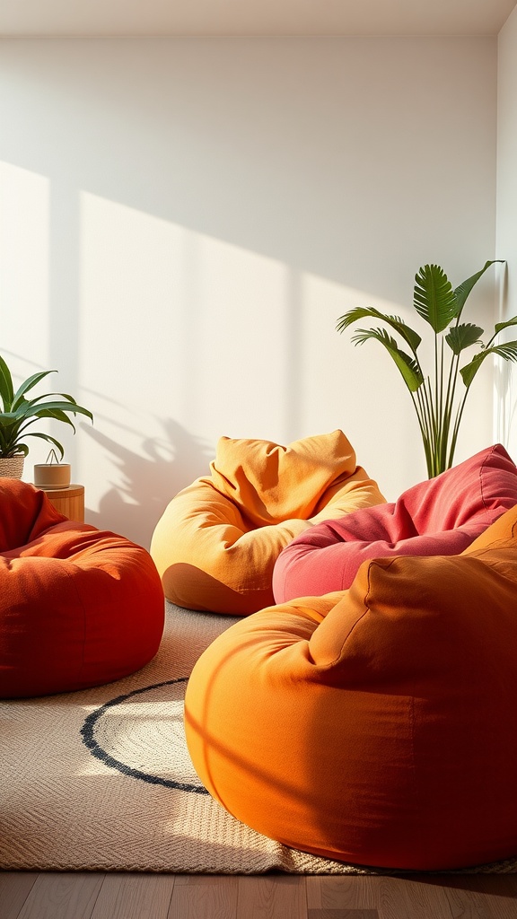 Cozy living room with colorful bean bags in brown and earth tones