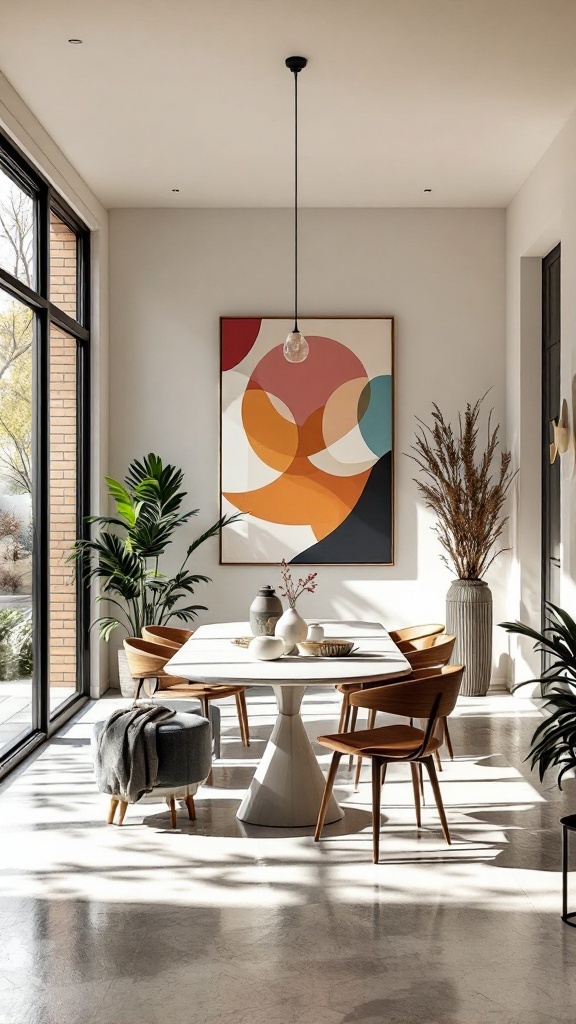 A contemporary sunroom dining area featuring a round white table, wooden chairs, bold artwork on the wall, and indoor plants.