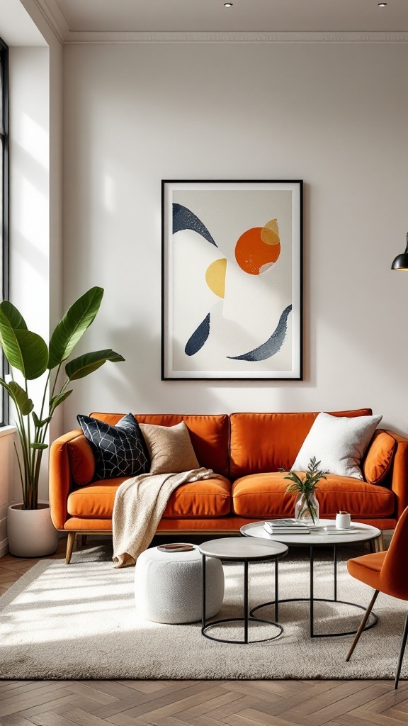 A contemporary living room featuring an orange velvet sofa, modern art on the wall, and green plants.