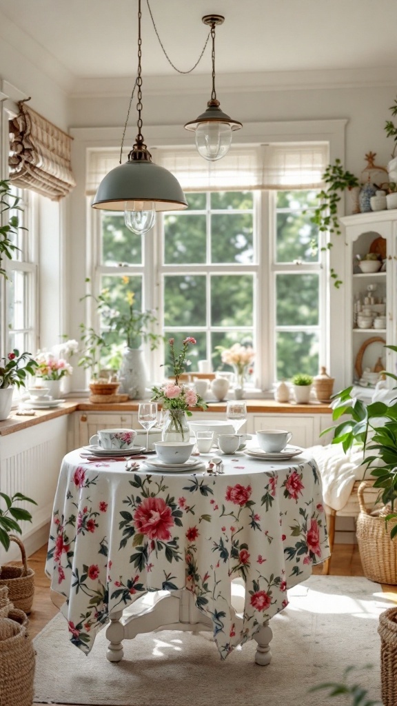 A cozy sunroom dining area with a floral tablecloth, potted plants, and soft lighting