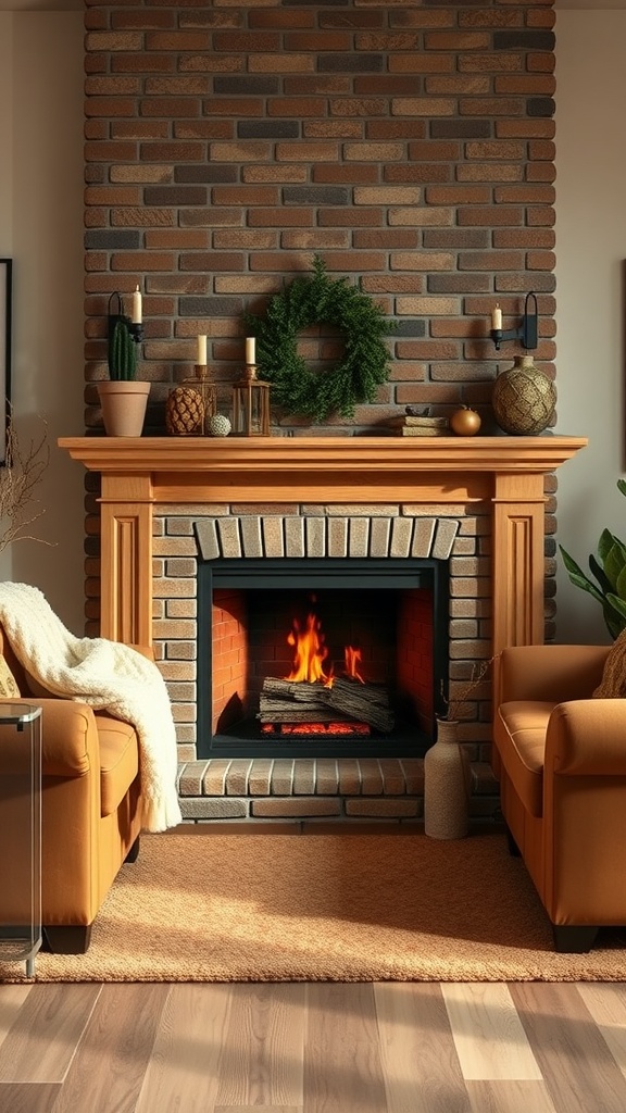 A cozy living room with a fireplace, orange armchairs, and earthy decor