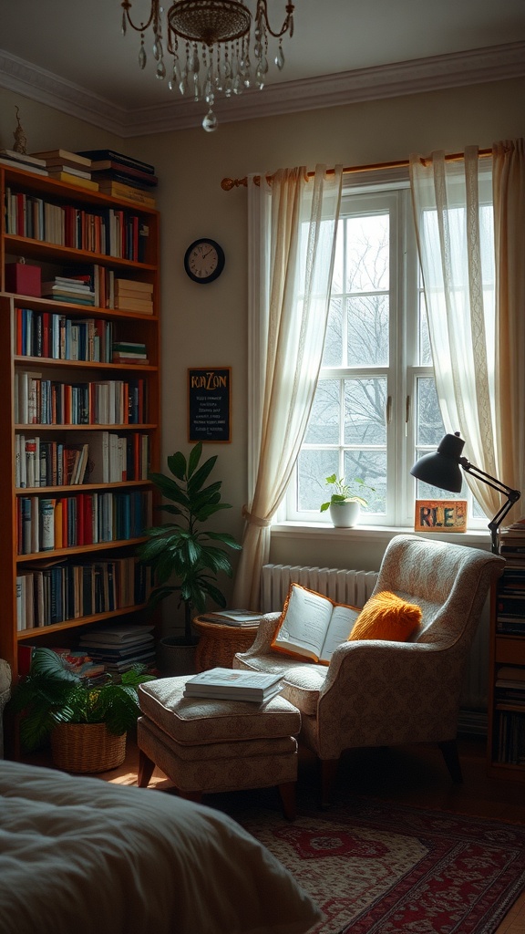 Cozy reading nook with a chair, bookshelves, and natural light.