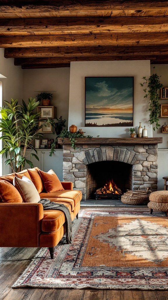 A cozy rustic living room featuring an orange velvet sofa, stone fireplace, and warm wooden beams.