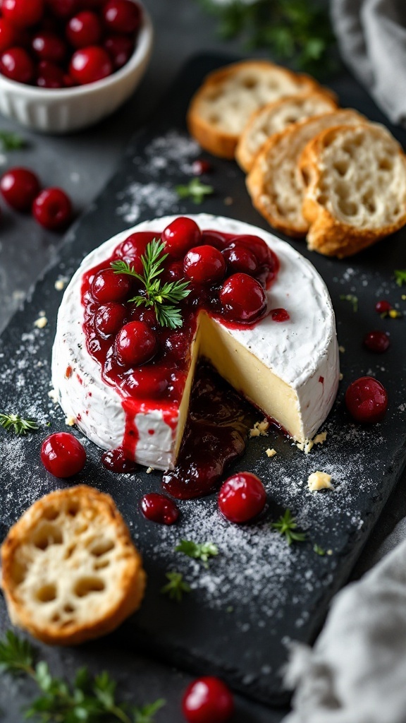 A round brie cheese topped with cranberries and sauce, served with crackers and fresh cranberries on a dark slate board.