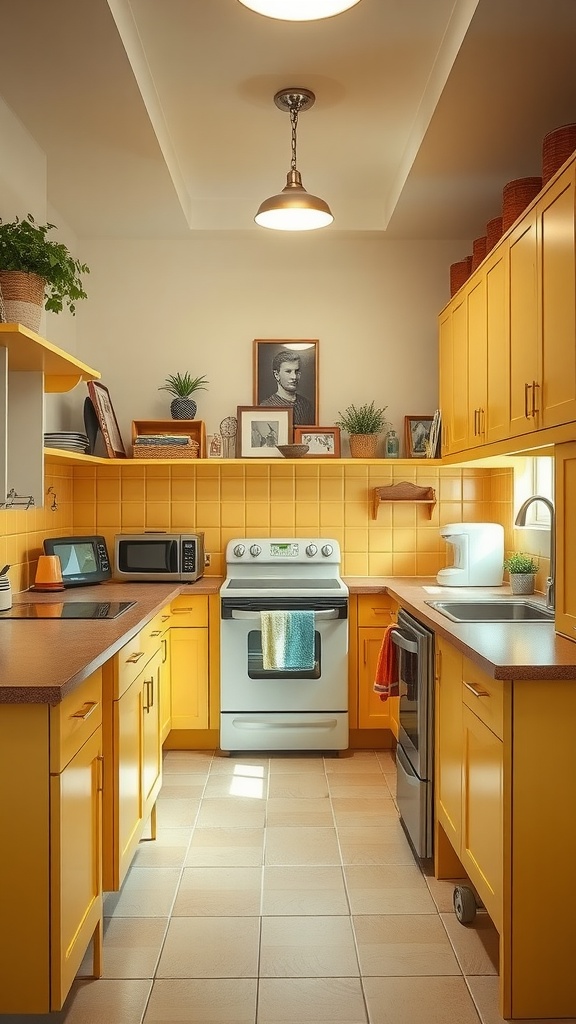 A cozy kitchen featuring butter yellow cabinets, warm lighting, and vintage decor.