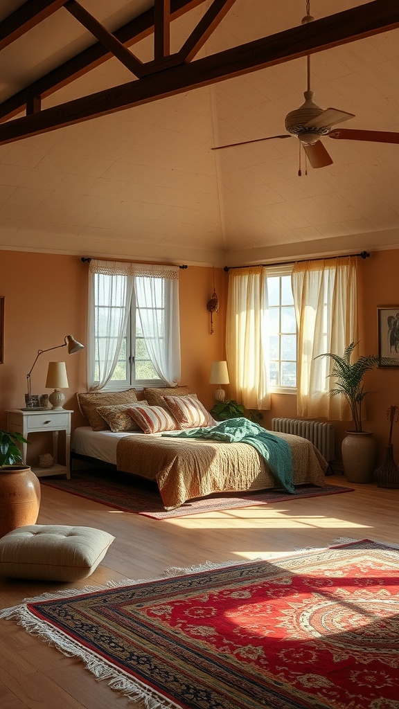 A bright and airy boho style bedroom with open layout, featuring large windows and cozy decor.