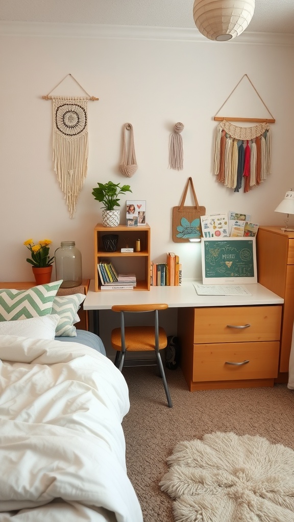 Cozy dorm room with creative DIY decor including wall hangings and plants.