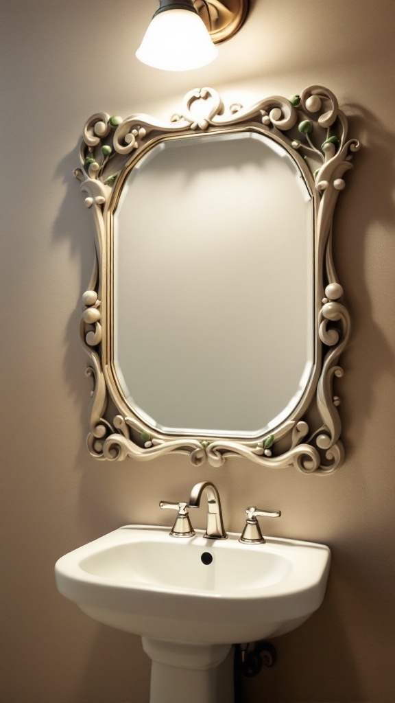 A decorative bathroom mirror with an ornate frame and a simple sink underneath.